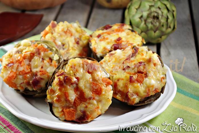 Carciofi ripieni di patate speck scamorza e zucca  Carciofi ripieni di patate speck scamorza e zucca